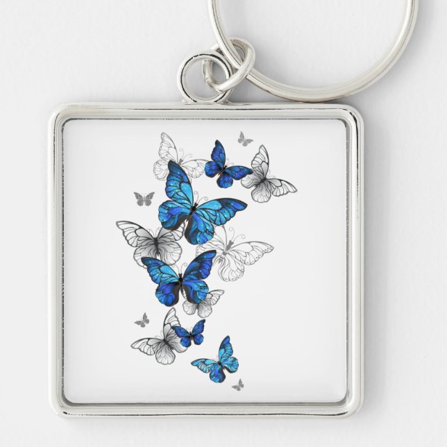 Blue Flying Butterflies Morpho Key Ring (Front)