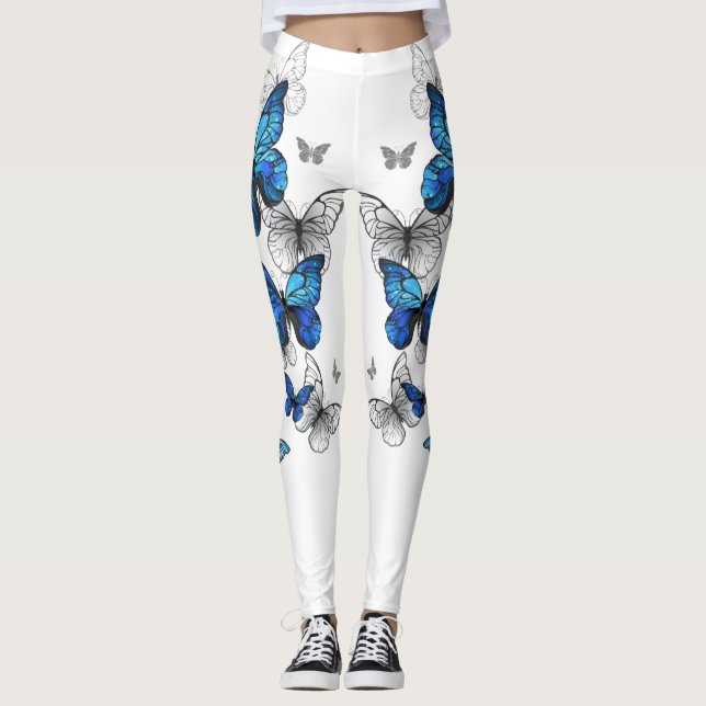 Blue Flying Butterflies Morpho Leggings (Front)