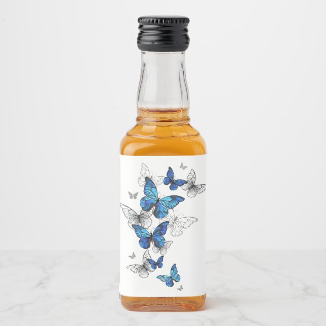 Blue Flying Butterflies Morpho Liquor Bottle Label (Front)