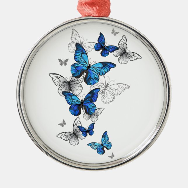 Blue Flying Butterflies Morpho Metal Tree Decoration (Front)