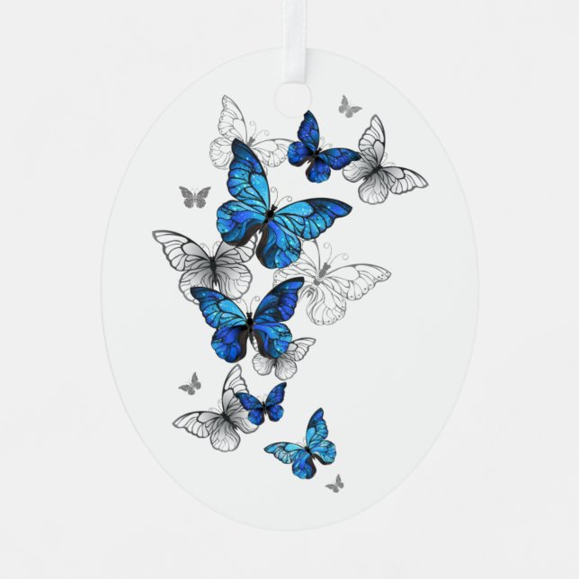 Blue Flying Butterflies Morpho Metal Tree Decoration (Front)