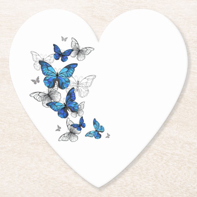 Blue Flying Butterflies Morpho Paper Coaster (Front)