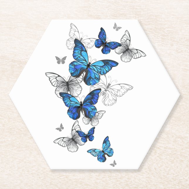Blue Flying Butterflies Morpho Paper Coaster (Front)