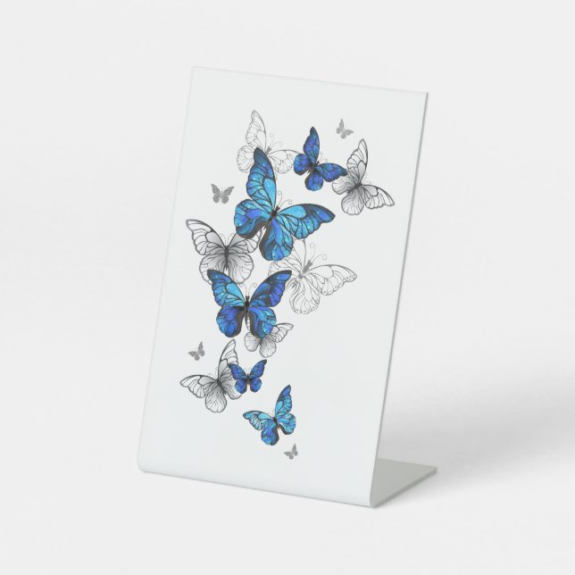 Blue Flying Butterflies Morpho Pedestal Sign (Front)