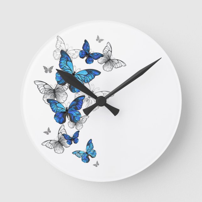Blue Flying Butterflies Morpho Round Clock (Front)