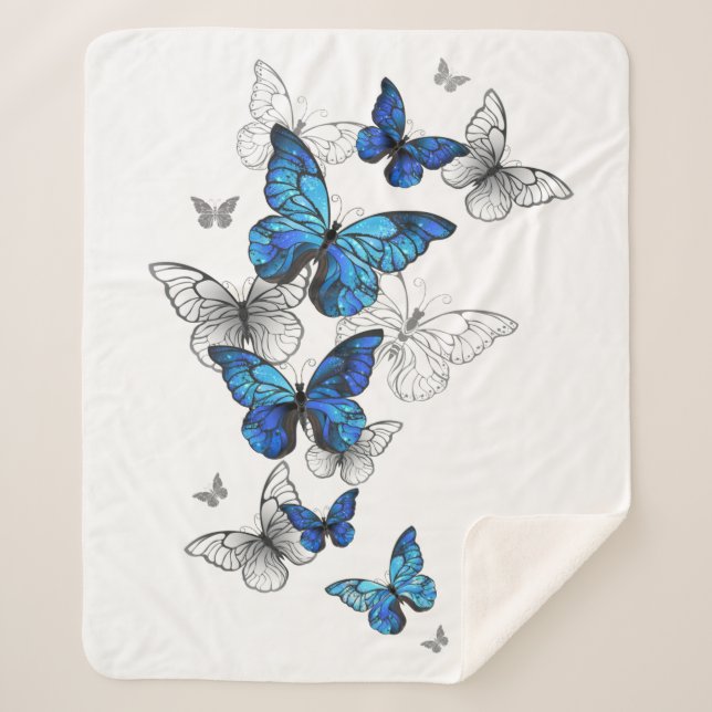 Blue Flying Butterflies Morpho Sherpa Blanket (Front)