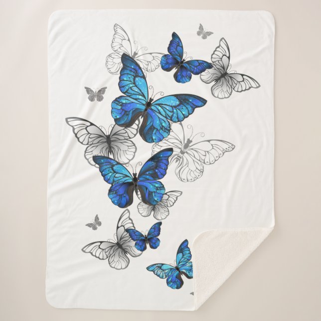 Blue Flying Butterflies Morpho Sherpa Blanket (Front)