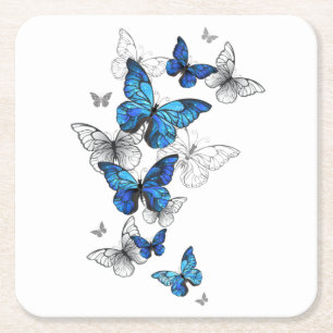 Blue Flying Butterflies Morpho Square Paper Coaster