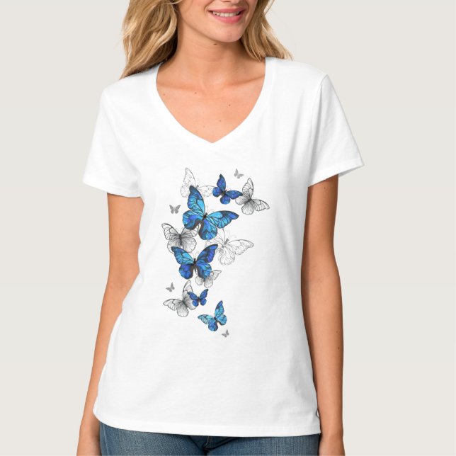 Blue Flying Butterflies Morpho T-Shirt (Front)