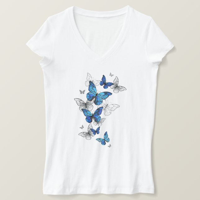 Blue Flying Butterflies Morpho T-Shirt (Design Front)
