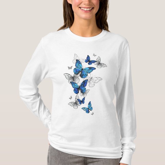 Blue Flying Butterflies Morpho T-Shirt (Front)