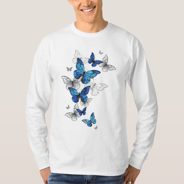 Blue Flying Butterflies Morpho T-Shirt (Front)
