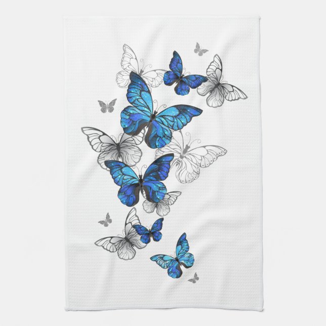 Blue Flying Butterflies Morpho Tea Towel (Vertical)