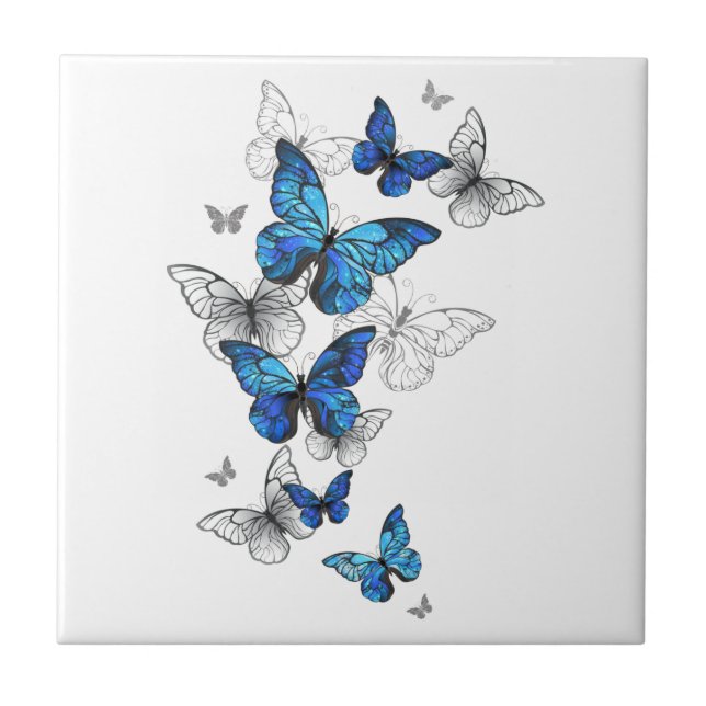 Blue Flying Butterflies Morpho Tile (Front)