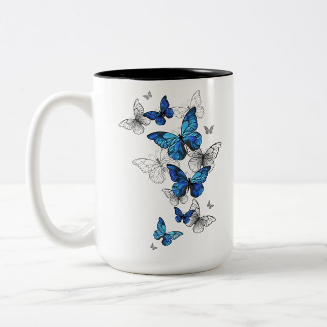 Blue Flying Butterflies Morpho Two-Tone Coffee Mug (Left)