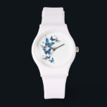 Blue Flying Butterflies Morpho Watch<br><div class="desc">Flying Blue Butterflies morpho and white butterflies on a light abstract background. Morpho. Design with blue butterflies morpho.</div>