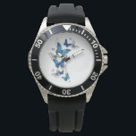 Blue Flying Butterflies Morpho Watch<br><div class="desc">Flying Blue Butterflies morpho and white butterflies on a light abstract background. Morpho. Design with blue butterflies morpho.</div>