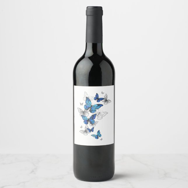 Blue Flying Butterflies Morpho Wine Label (Front)