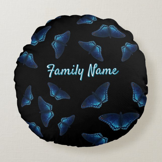 Blue Flying Butterflies Pattern Custom Name Round Cushion (Front)