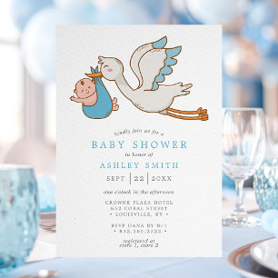 Blue Flying Stork Baby Boy Shower Invitation