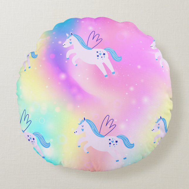 Blue Flying Unicorn Rainbow Throw Pillow (Front)