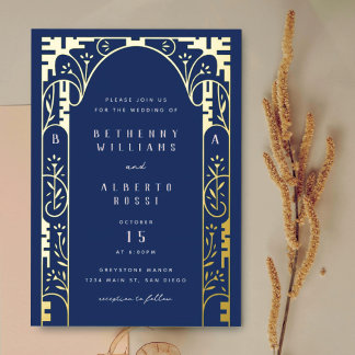 Blue Foil Art Nouveau Arch Foil Invitation