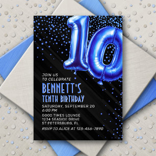 Blue Foil Balloons 10th Birthday Invitation