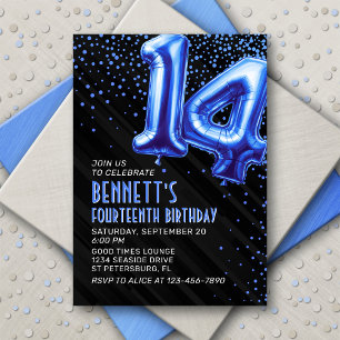 Blue Foil Balloons 14th Birthday Invitation