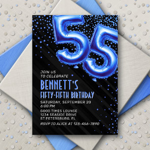 Blue Foil Balloons 55th Birthday Invitation