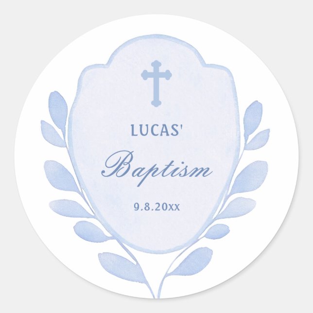Blue Foliage Crest Baptism Classic Round Sticker (Front)
