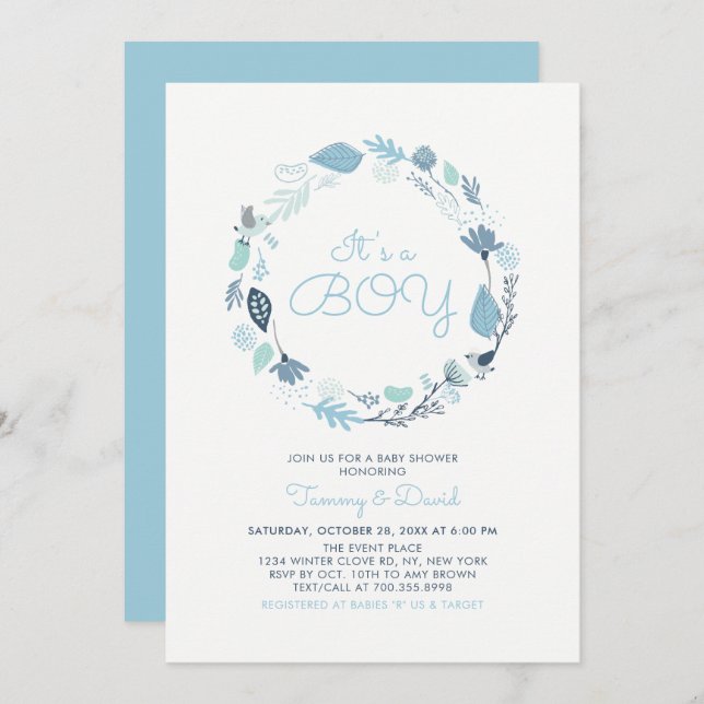 Blue Foliage | Cute Boy Couples Baby Shower Invitation (Front/Back)
