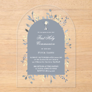 blue foliage First Holy Communion Acrylic Invitations