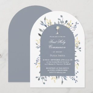  blue foliage First Holy Communion  Invitation
