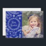 Blue Foliage Hanukkah Photo Card<br><div class="desc">Modern elegant Hanukkah photo cards featuring your favourite photo. Dark blue background with lovely white doodles of winter foliage, snowflakes and a wreath where it reads "Happy Hanukkah" and "shine bright" just under. The backside is made in light blue and white stripes. Personalise it with your family name. Send the...</div>