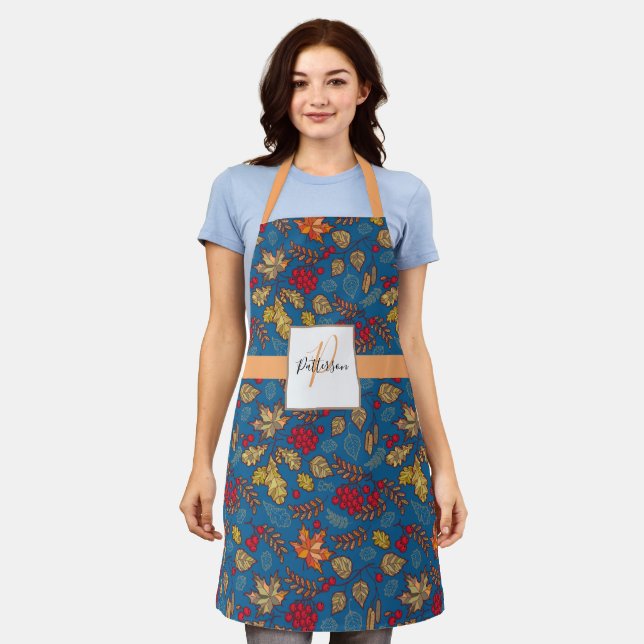 Blue Foliage Leaf with Family Name Apron (Worn)