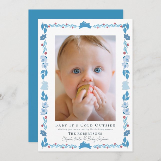 Blue Folk Art Baby It's Cold Outside Photo Holiday Invitation (Front/Back)