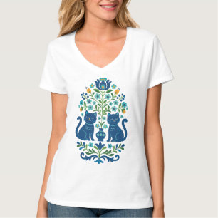Blue Folk Art Cats – Whimsical Floral Cat Design i T-Shirt