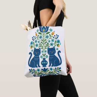 Blue Folk Art Cats – Whimsical Floral Cat Design i Tote Bag