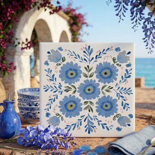 Blue Folk Art Floral Decorative Ceramic Tile
