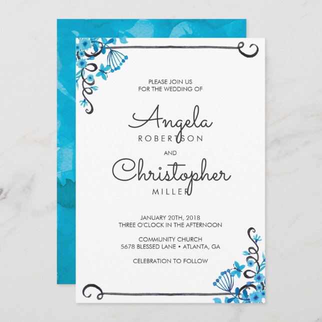 Blue Folk Art Floral Watercolor Wedding Invitation (Front/Back)