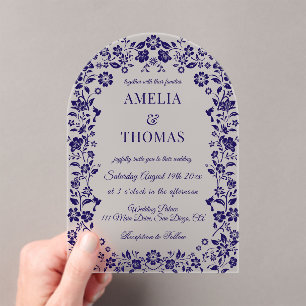 Blue Folk Art Floral Wedding Acrylic Invitations