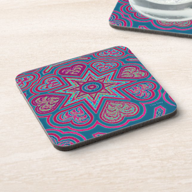 Blue Folk Art Hearts Coasters (Left Side)