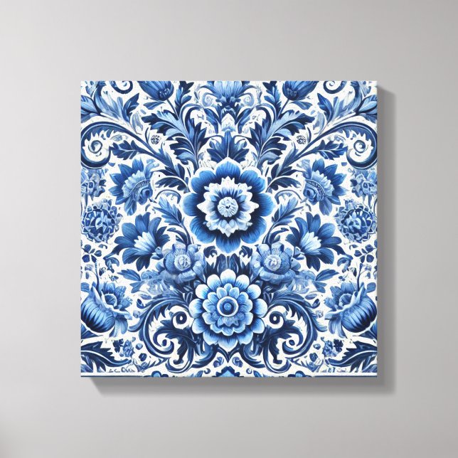 Blue Folk Floral Pattern Canvas Print (Front)