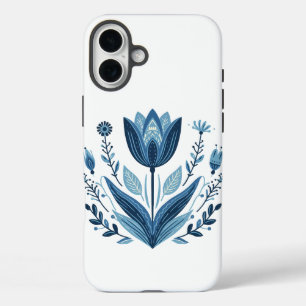 Blue Folk Floral Pattern iPhone 16 Plus Case