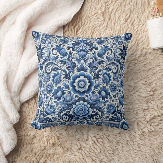 Blue Folk Floral Pattern Cushion (Blanket)