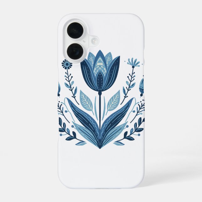 Blue Folk Floral Pattern iPhone 16 Case (Back)