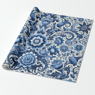 Blue Folk Floral Pattern Wrapping Paper