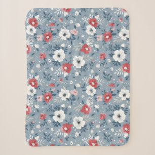 Blue Folk Floral Seamless Pattern Sherpa Blanket