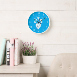 Blue folk Portuguese heart in blossom Clock