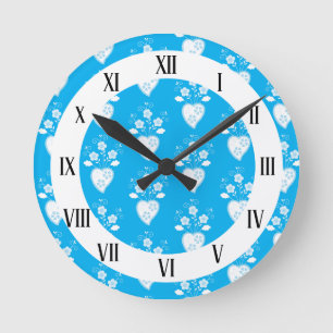 Blue folk Portuguese heart in blossom Round Clock